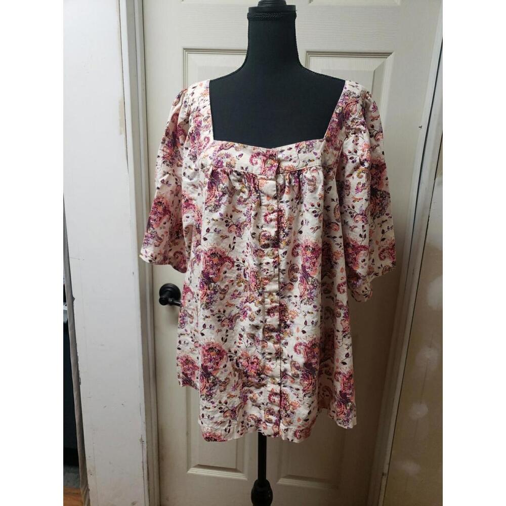Womens 3X Top Linen Cotton Square Neck Cream W/ Orange Purples Cool Comfort